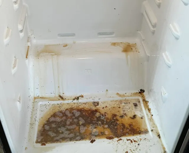 Refrigerator interior with heavy grime before an Ire Cleaning Services deep clean